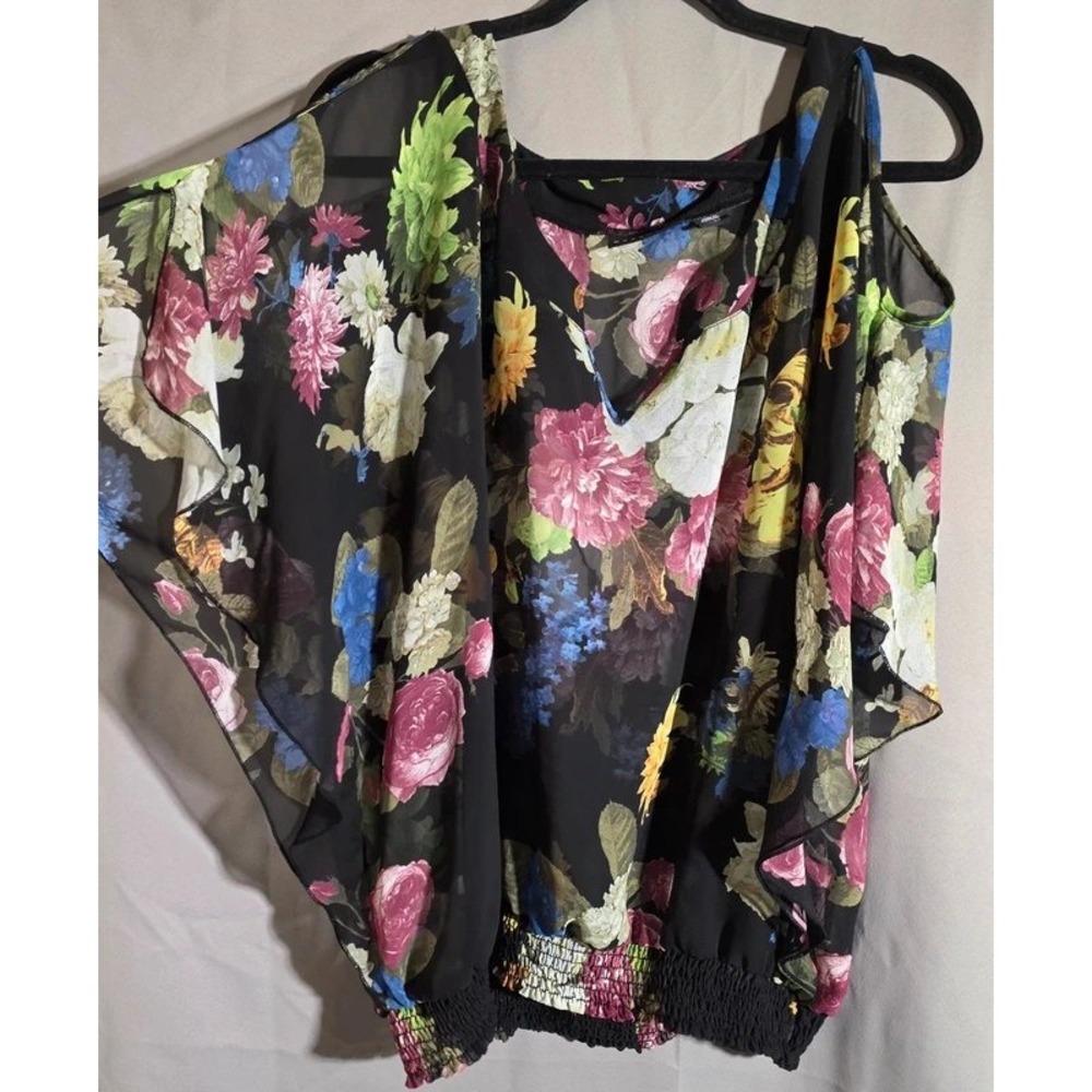Metaphor Womens XL Sheer Floral Cold Shoulder Top Black Smocked Flutter Sleeve